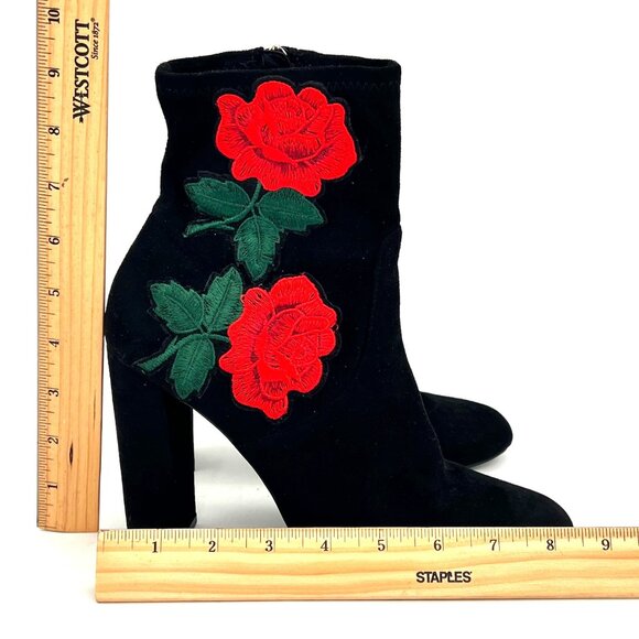 Steve Madden Edit Womens Black Suede Ankle Boots Red Rose Embroidery Side Zipper - Picture 2 of 16